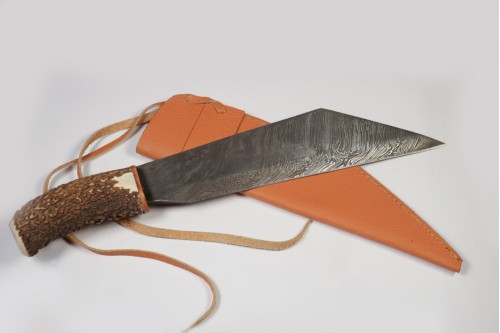 Large Scramsax, Stag Antler Handle, Damascus Blade